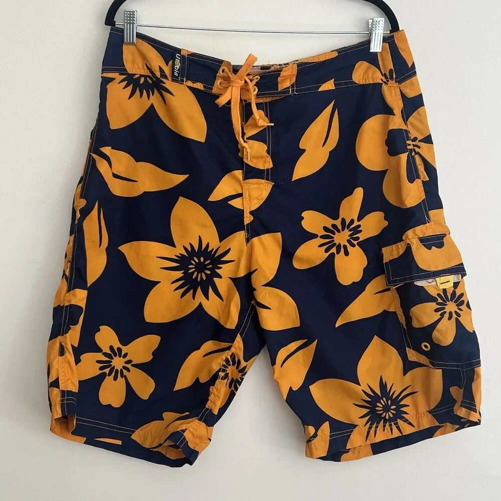 Utobia Mens Cargo Board Shorts Pockets Blue Yellow Floral L